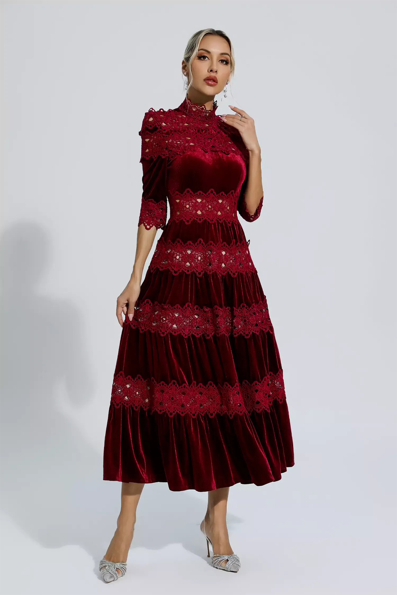 Henley Cut Out Long Sleeve Dress In Wine Red