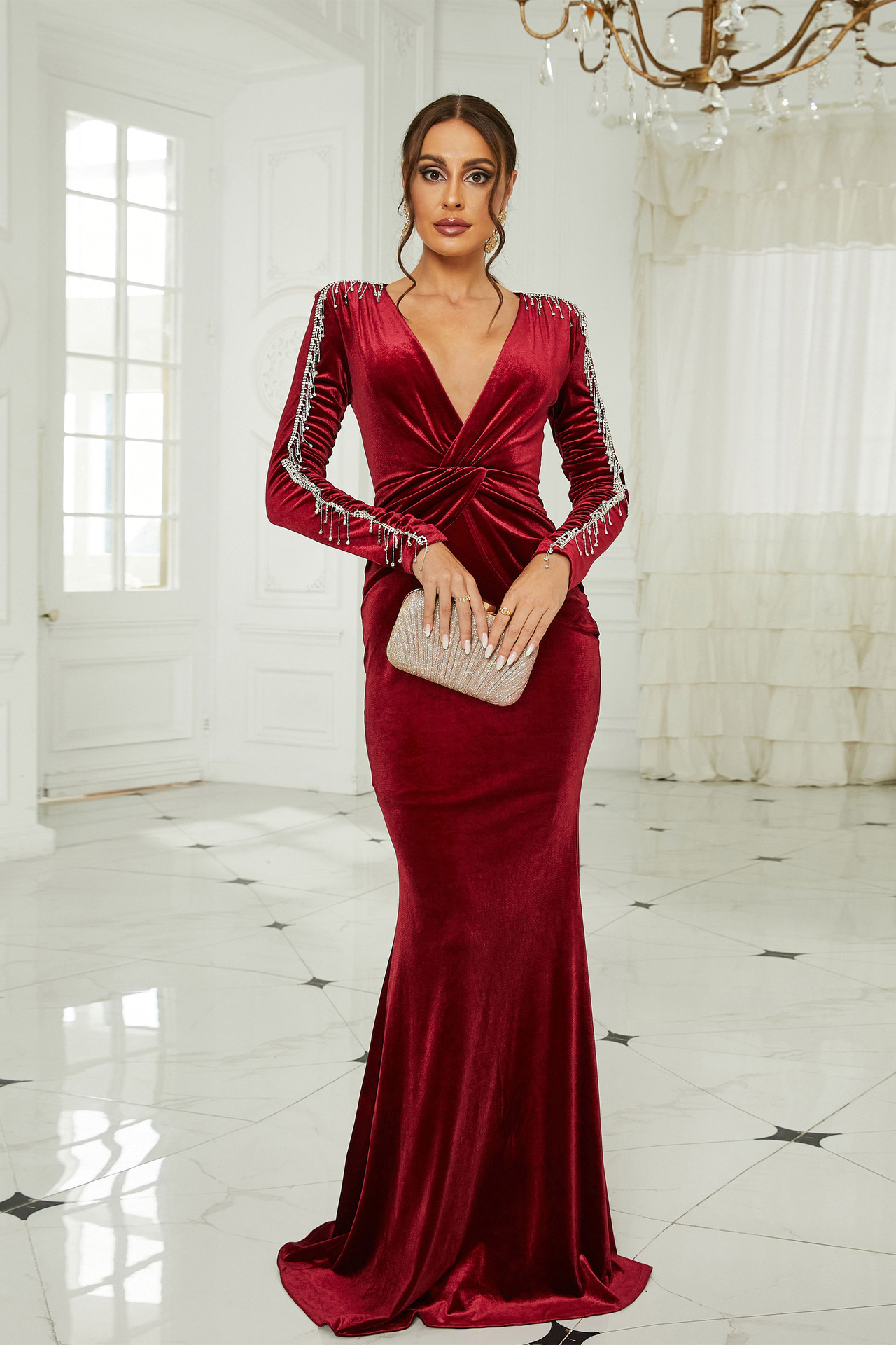 Dahlia Long Sleeved Velvet Dress In Red