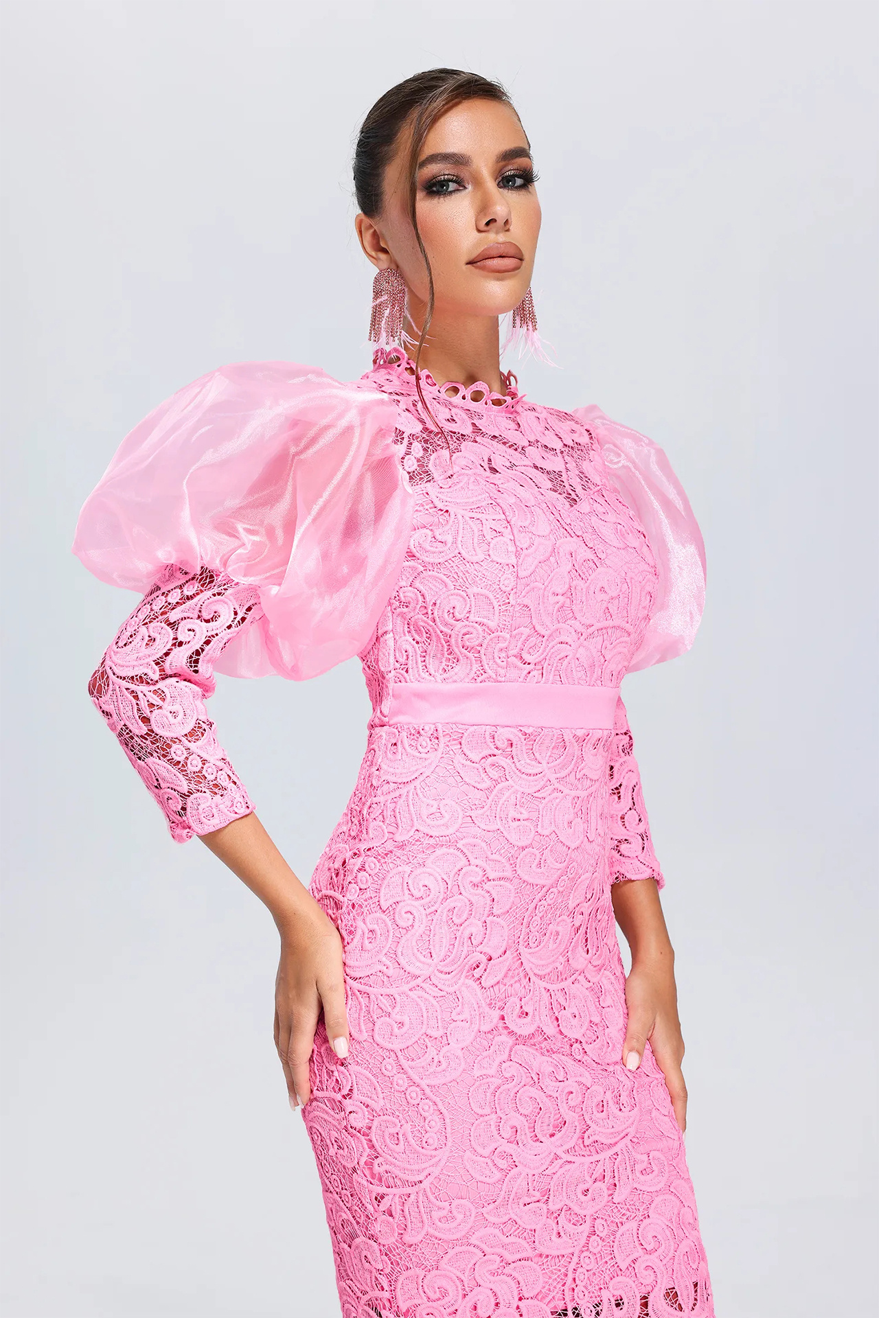 Vercia Puff Sleeve Lace Midi Dress In Pink