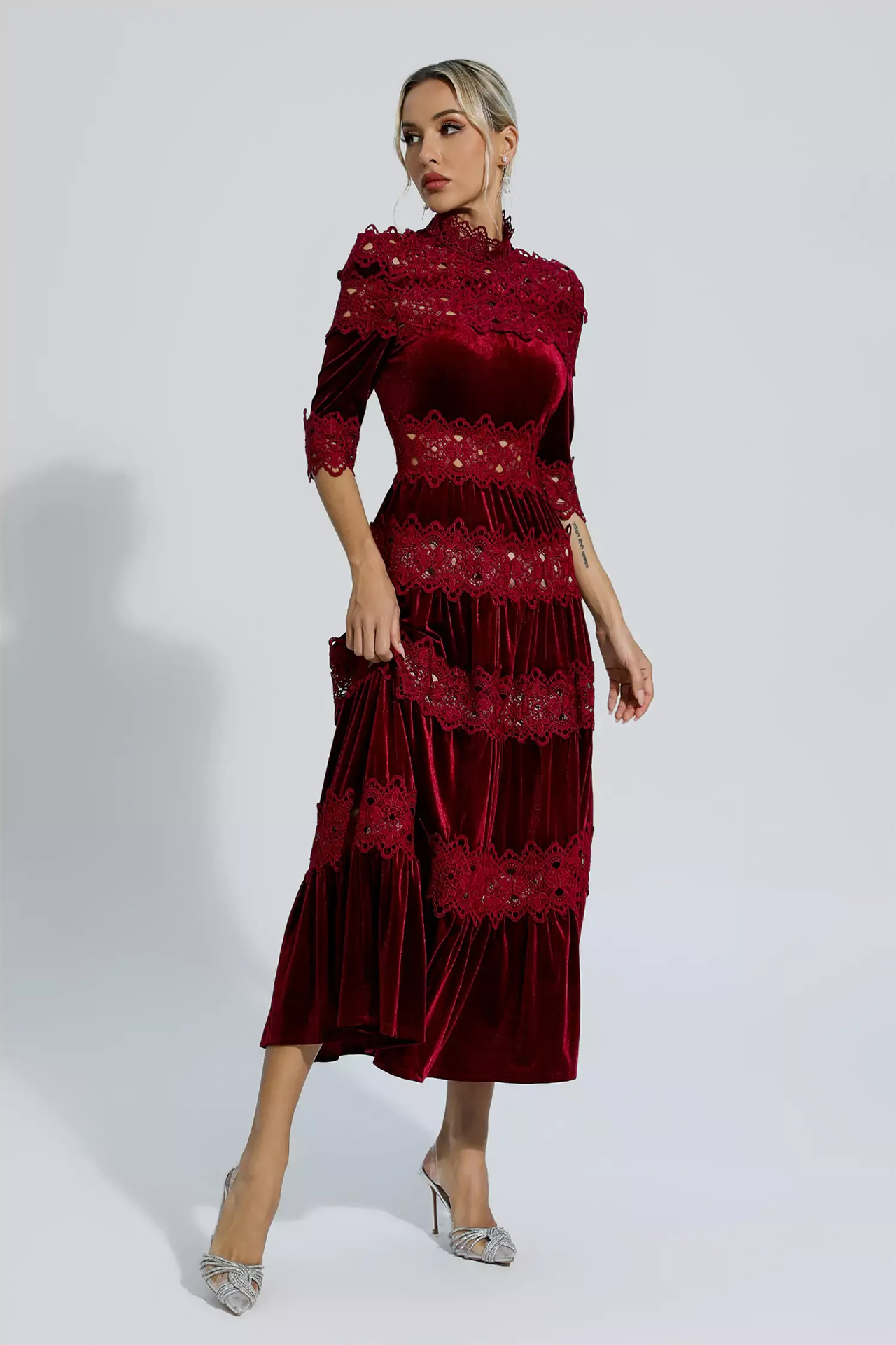 Henley Cut Out Long Sleeve Dress In Wine Red
