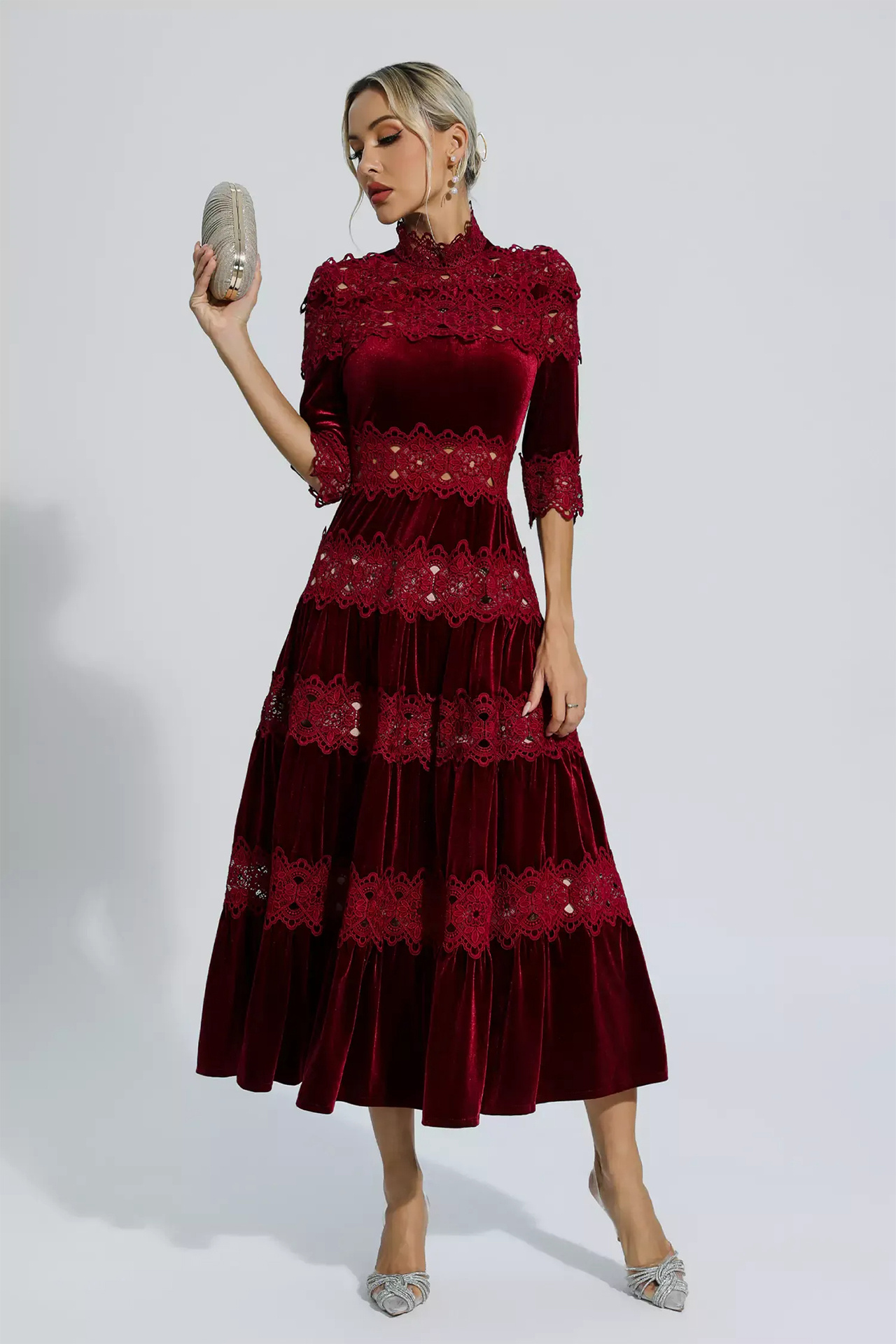Henley Cut Out Long Sleeve Dress In Wine Red