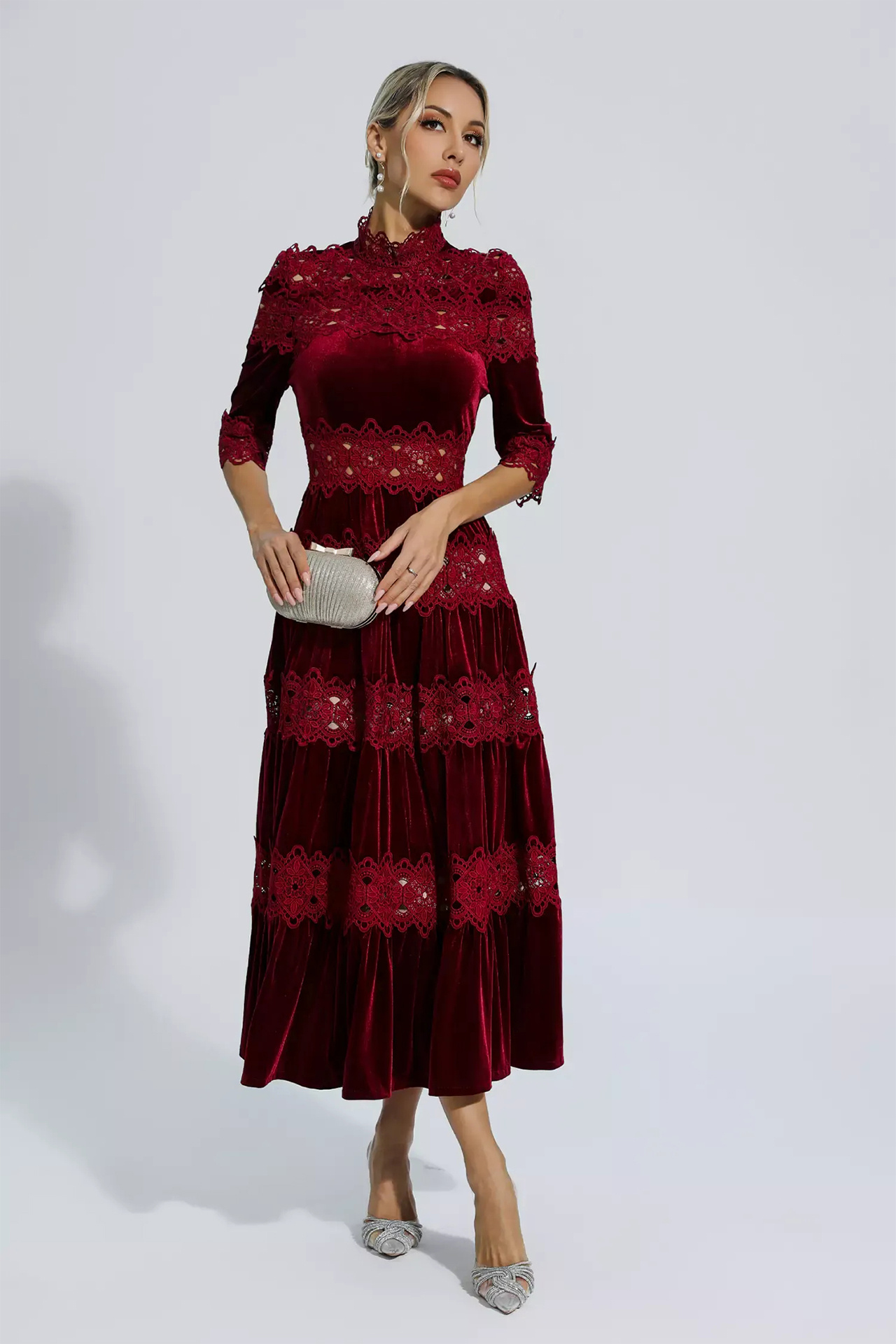 Henley Cut Out Long Sleeve Dress In Wine Red