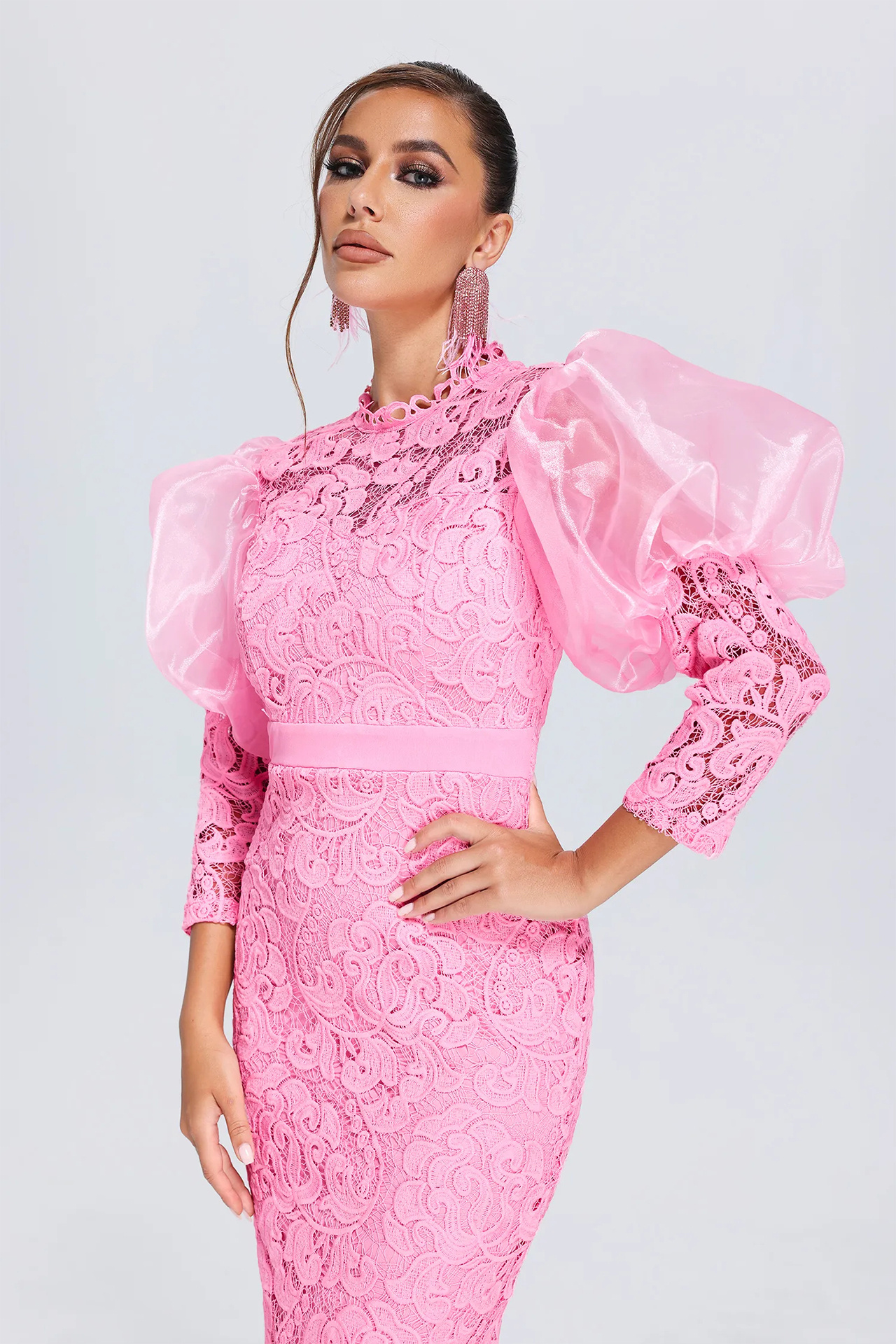 Vercia Puff Sleeve Lace Midi Dress In Pink