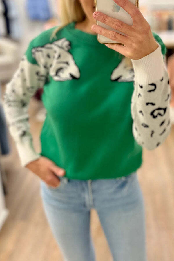 Always Spot Leopard Print Crew Neck Long Sleeve Sweater