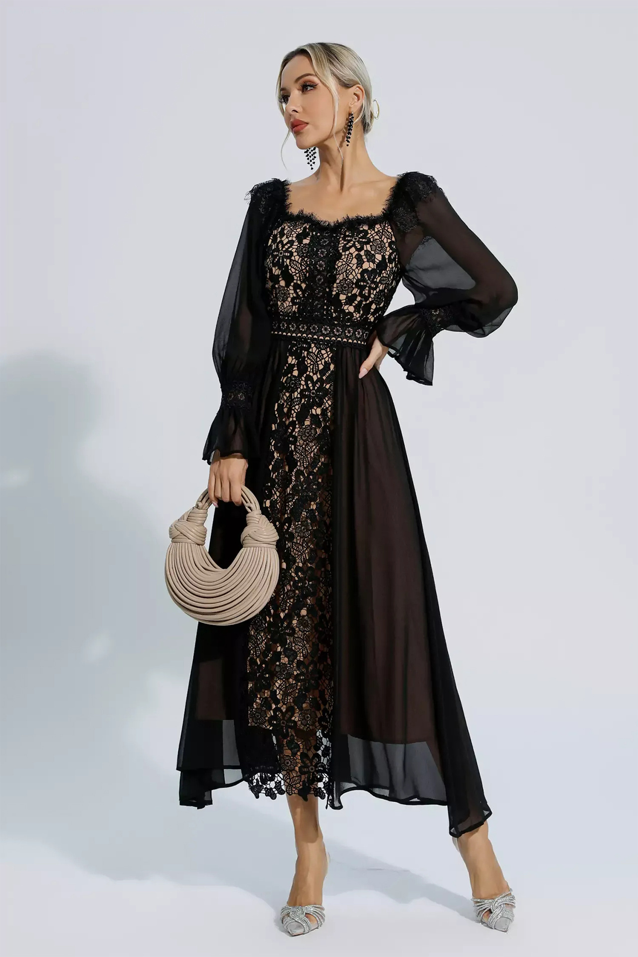 Aliana Floral Hollow Long Sleeve Dress