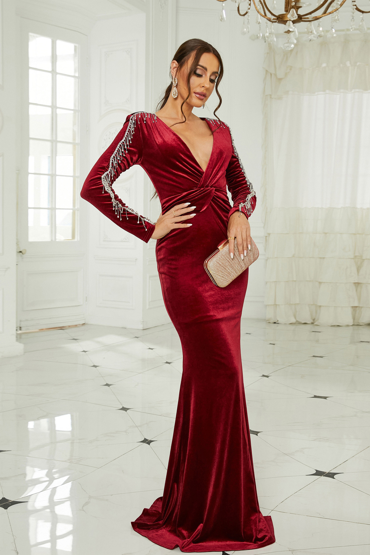 Dahlia Long Sleeved Velvet Dress In Red