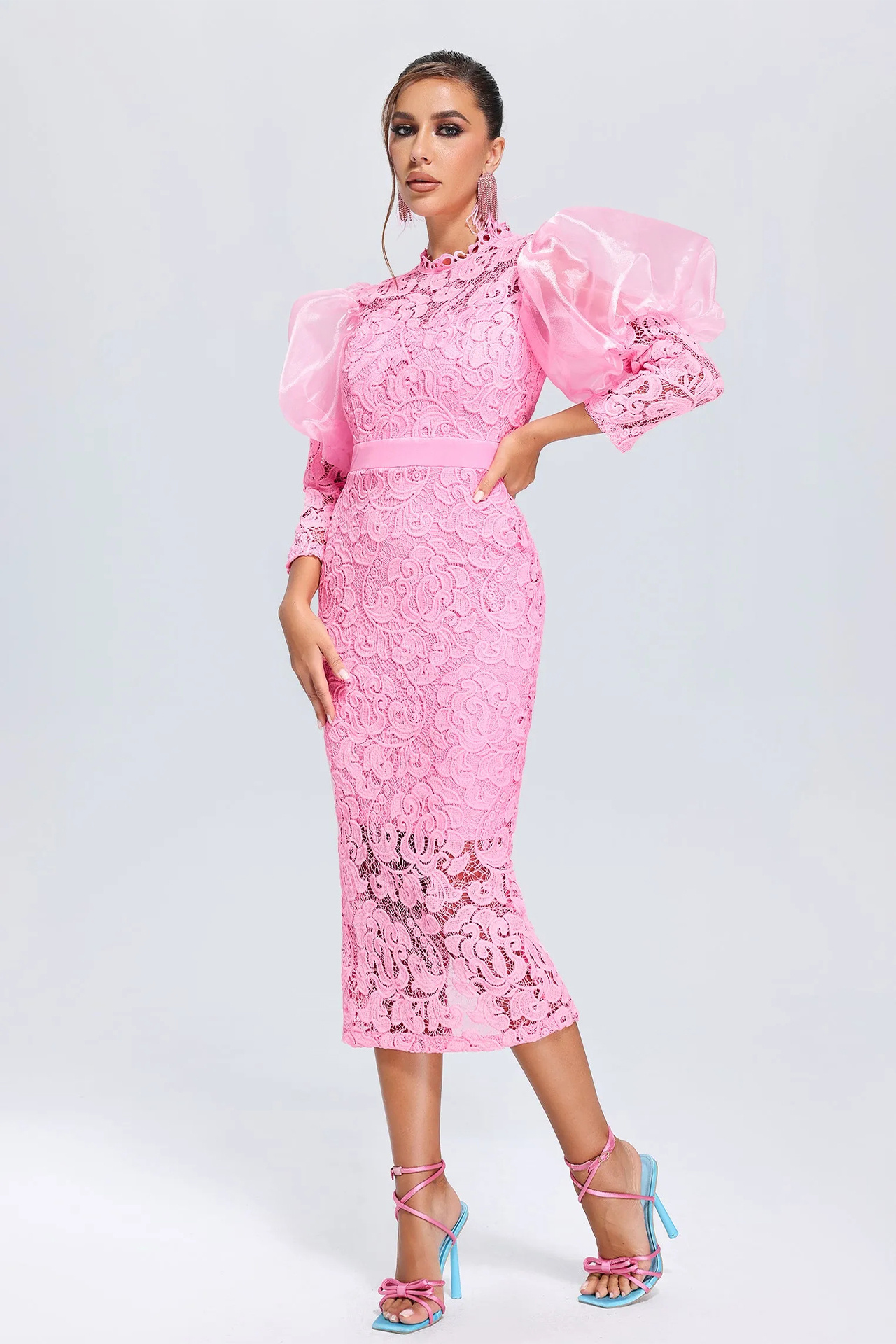 Vercia Puff Sleeve Lace Midi Dress In Pink
