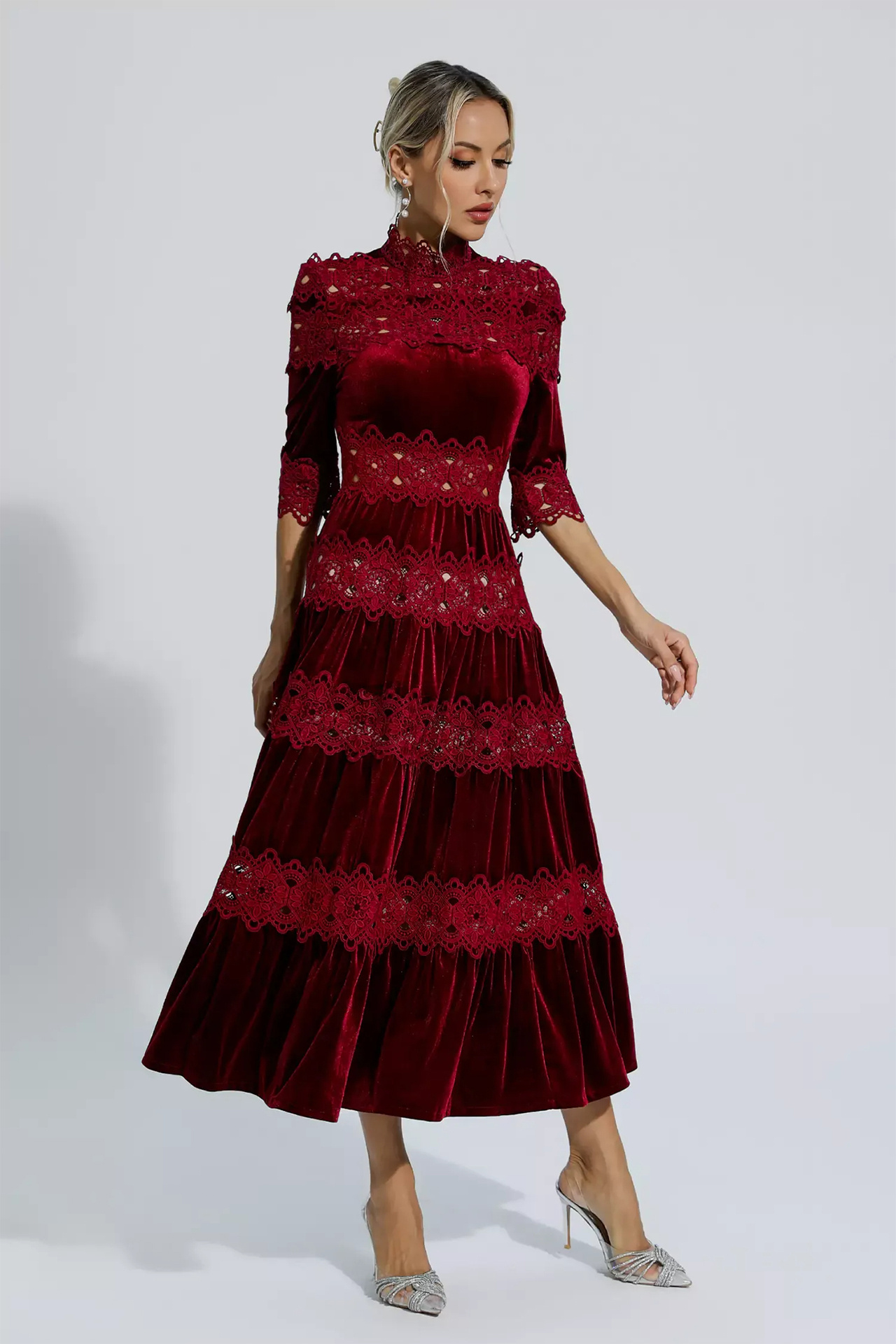 Henley Cut Out Long Sleeve Dress In Wine Red