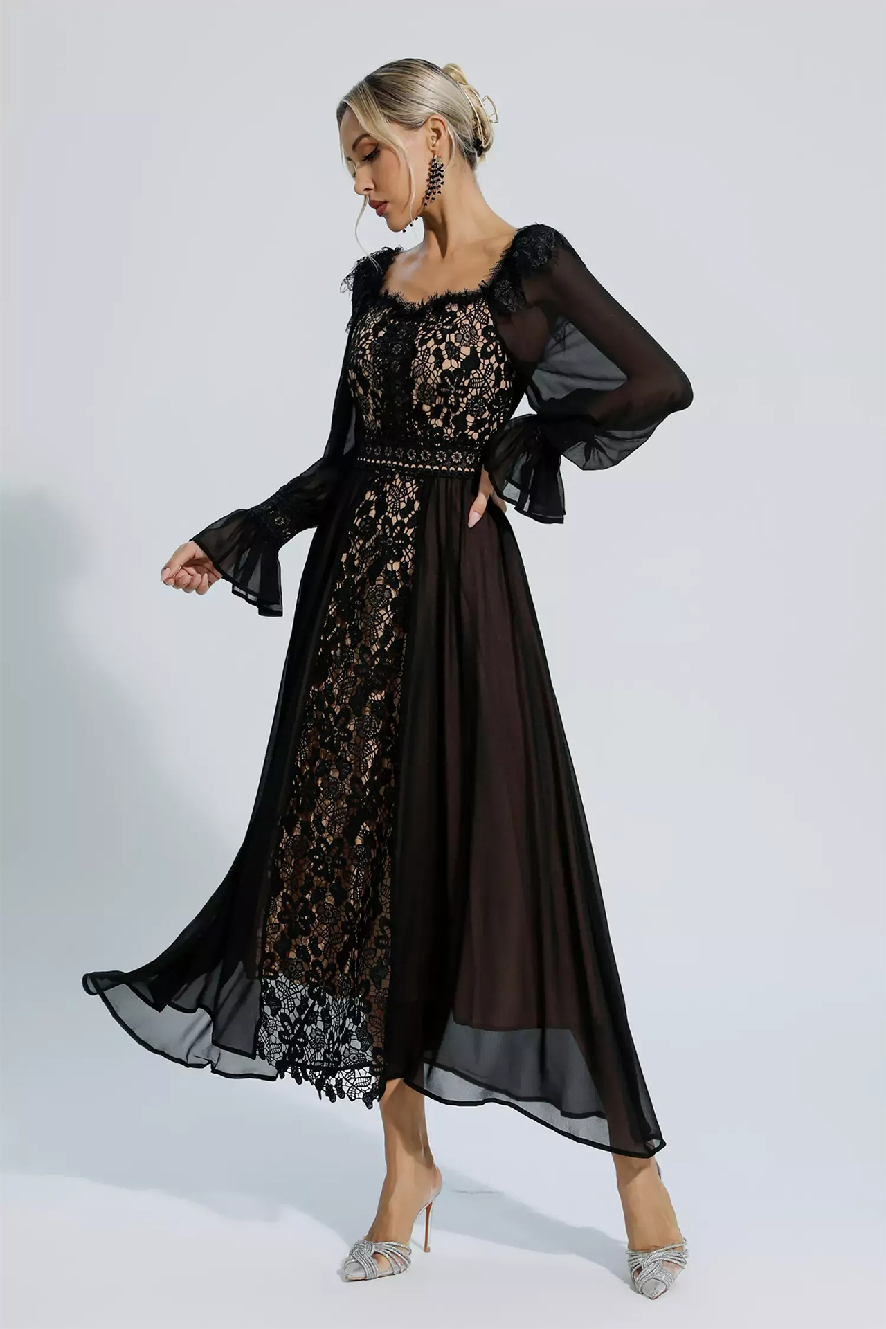 Aliana Floral Hollow Long Sleeve Dress